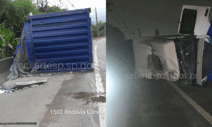 Carreta carregada com 24 toneladas de vidro tomba e interdita rodovia em Cubatão.