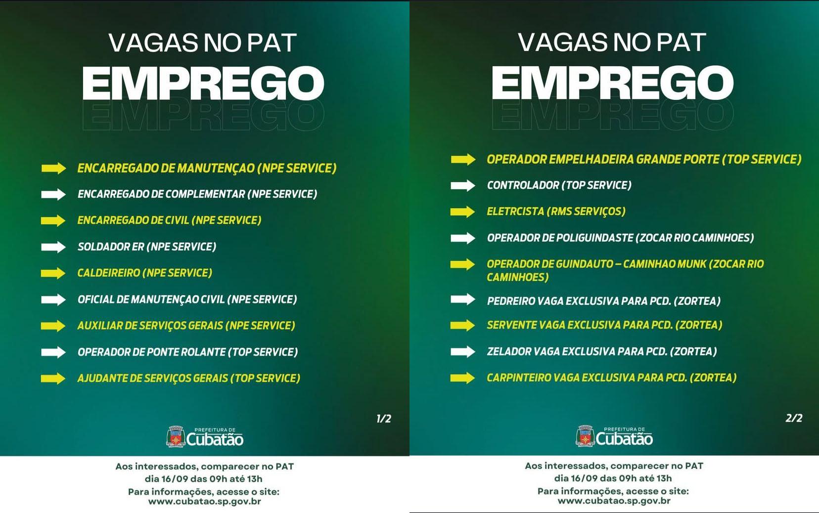 PAT Cubatão oferece mais de 200 vagas de emprego nesta terça-feira