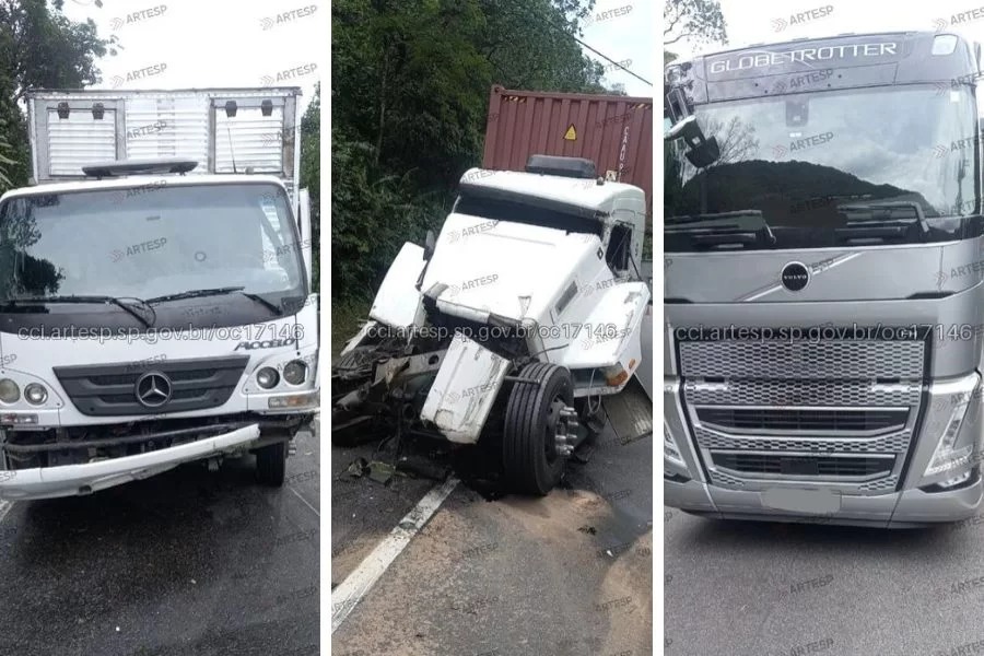 Falha nos freios causa engavetamento com três caminhões e deixa dois feridos na Anchieta