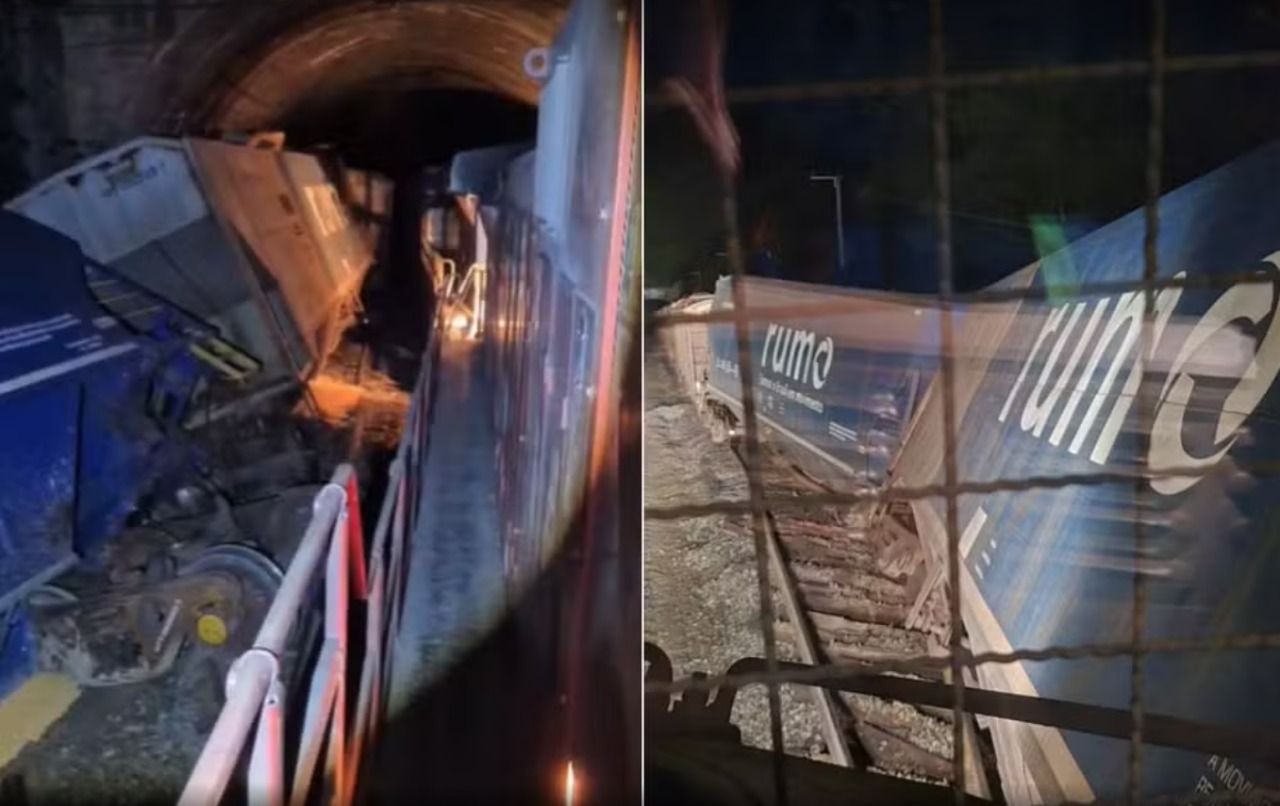 Trem carregado com milho descarrila dentro de túnel na Serra do Mar, em São Vicente