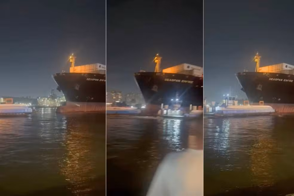 Navio porta-contêineres colide com duas balsas no Porto de Santos e tripulantes pulam no mar