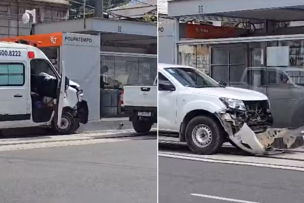 Ambulância colide com caminhonete e atinge estação do VLT em Santos