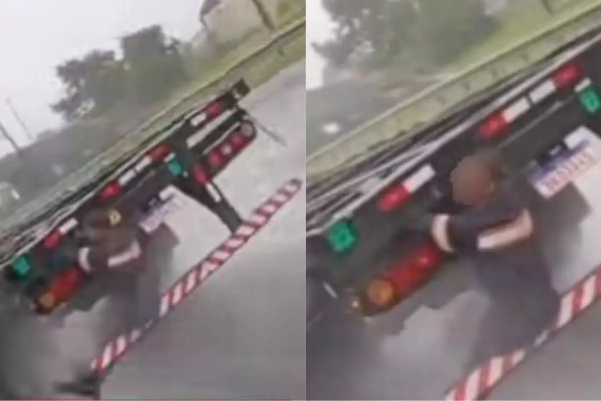 Cena perigosa: homem se pendura em carreta e segue pela Rodovia Anchieta em Cubatão