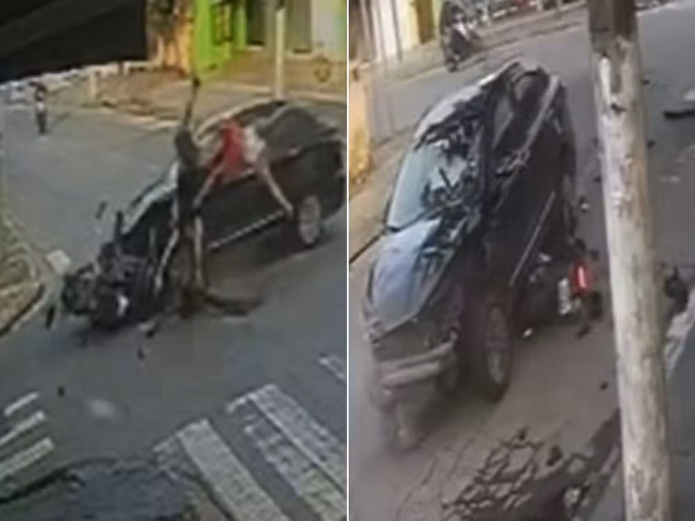 Casal fica ferido após colisão entre moto e carro em cruzamento de Guarujá