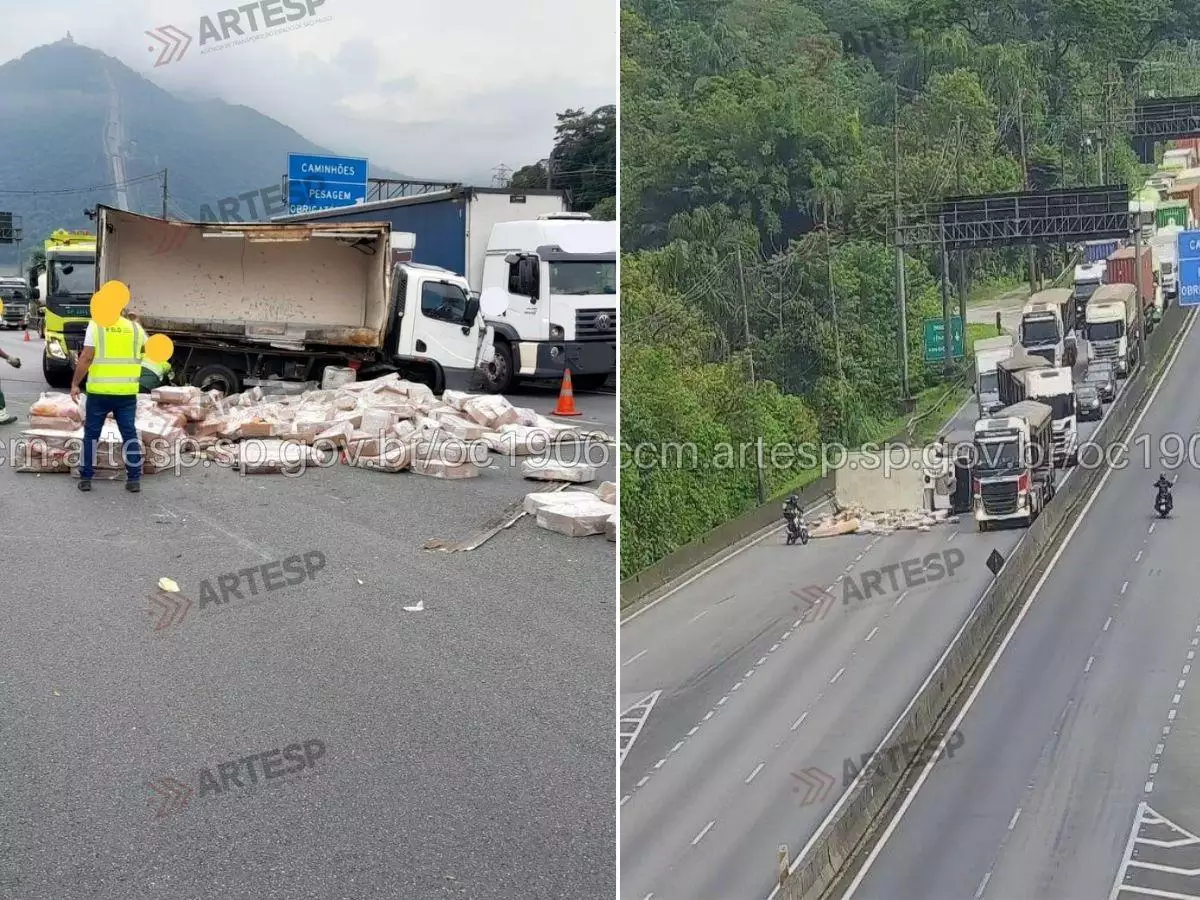 Carreta carregada com frango tomba na Anchieta e causa congestionamento em Cubatão
