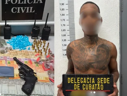 Investigado por integrar organização criminosa é preso com drogas, armas e dinheiro em Cubatão