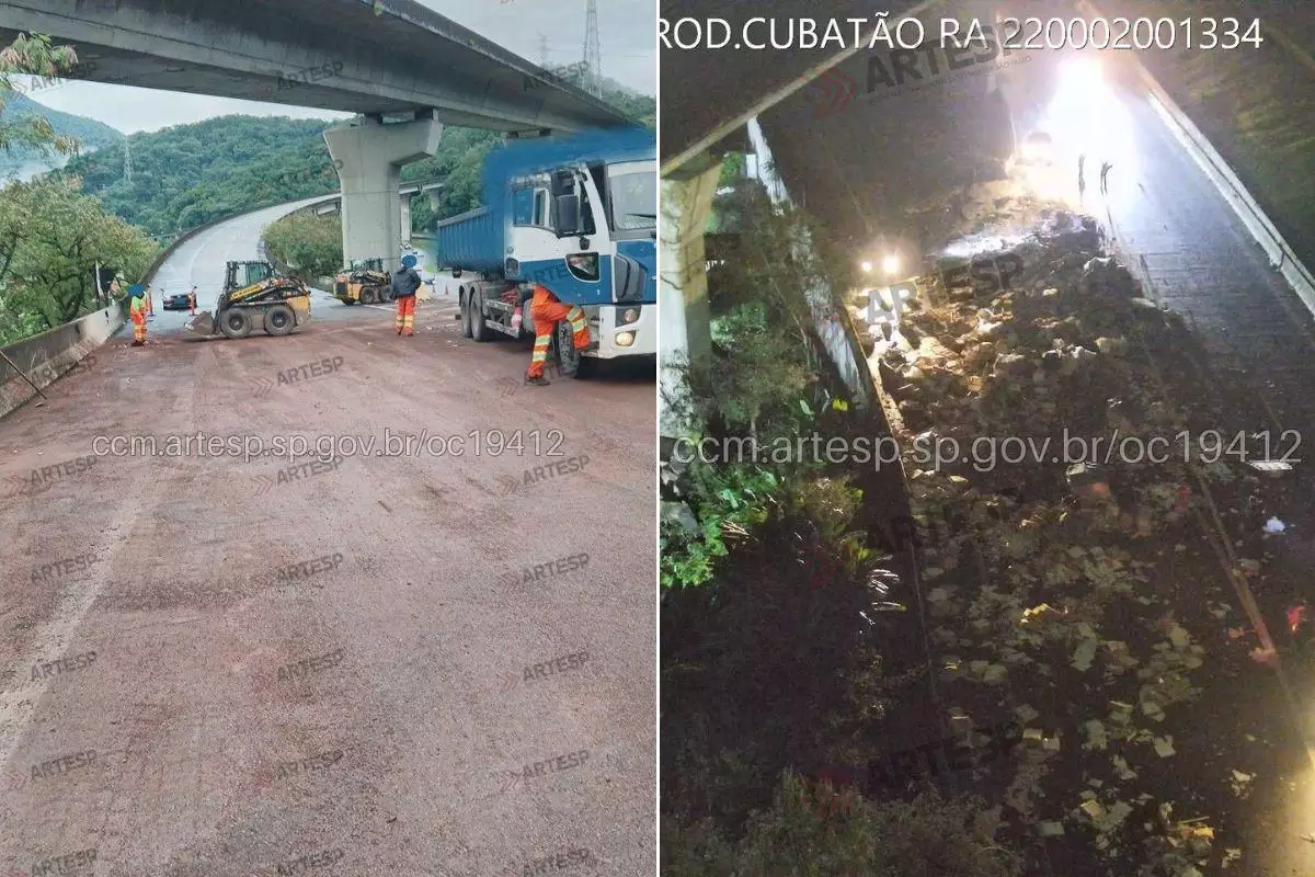 Carreta derruba carga de pisos e interdita acesso em rodovia de Cubatão