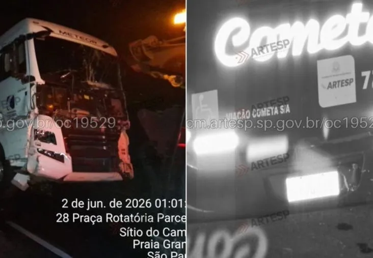 Acidente com ônibus da Cometa e veículos de carga interdita Anchieta e causa lentidão