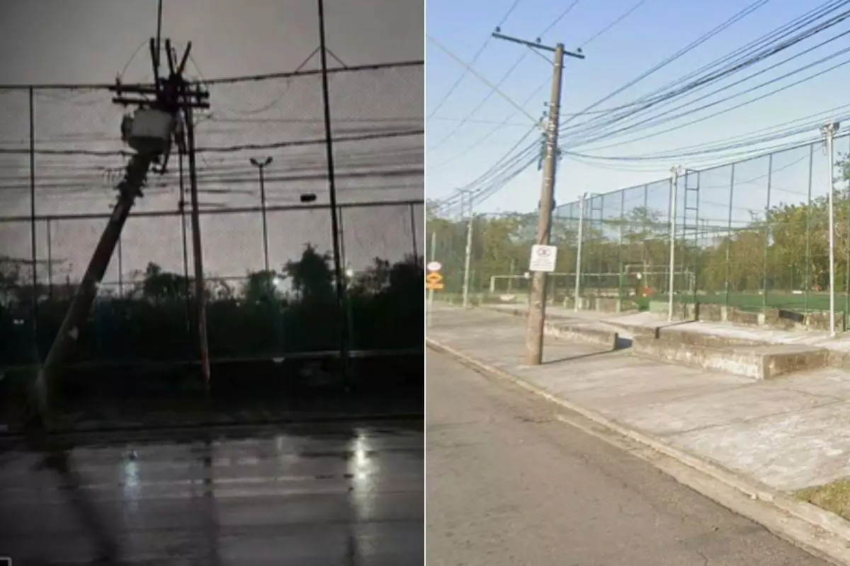 Poste cai sobre quadra após ser atingido por ônibus em Cubatão