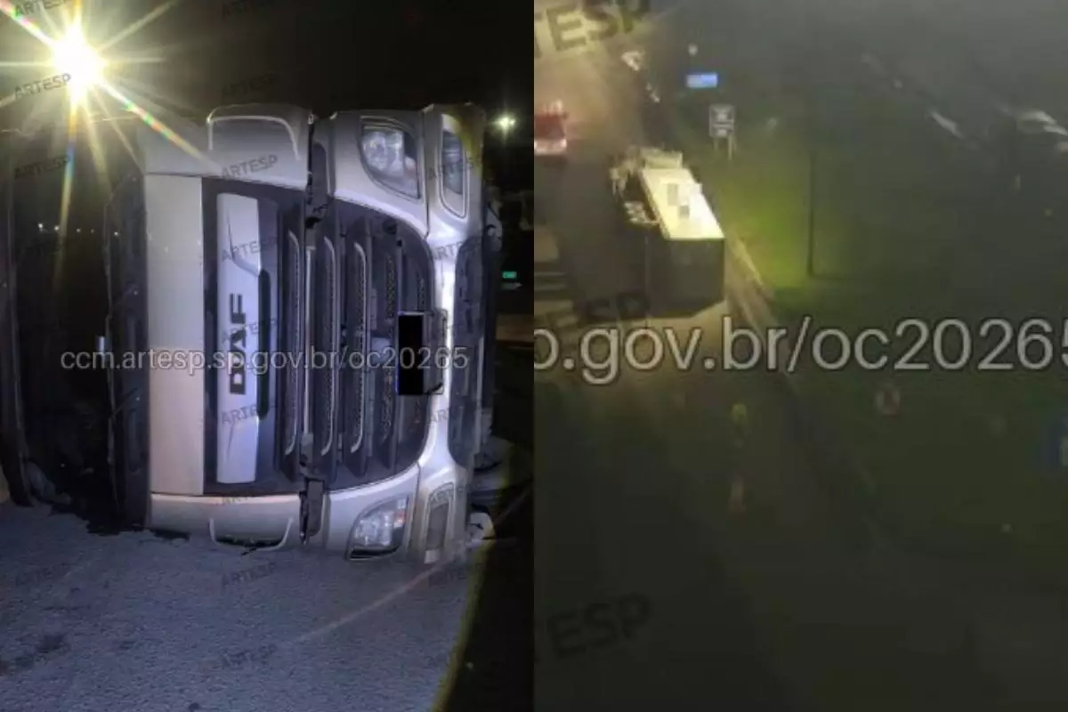 Carreta tomba na Cônego Domênico Rangoni e carga sem nota fiscal é descoberta em Cubatão