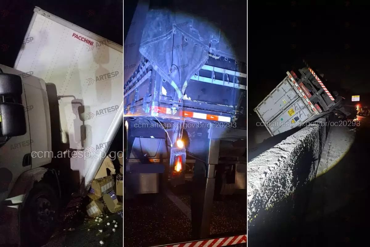 Acidente com duas carretas e caminhão trava descida da Anchieta em Cubatão