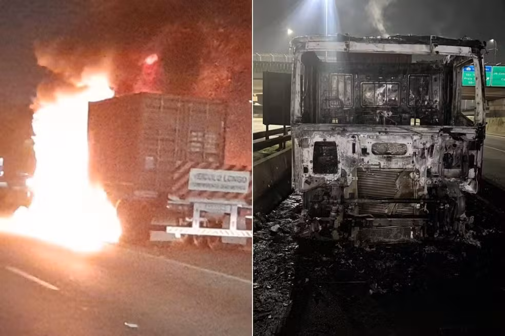 Carreta carregada com café pega fogo na Rodovia Anchieta