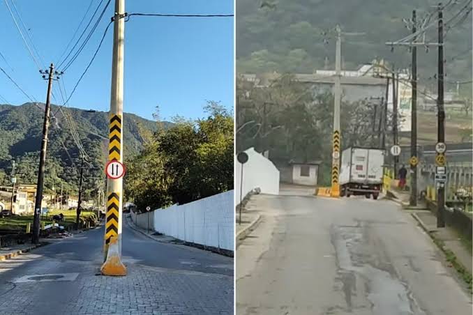 Poste fica no meio de rua após obra e obriga motoristas a desviar em Cubatão